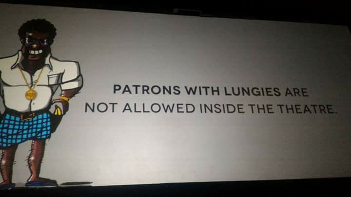 A casteist & classist announcement forbidding lungi inside theatre at Idreams Cinemas, Royapuram. Image: Ilyas Muhammed Raffiudeen
