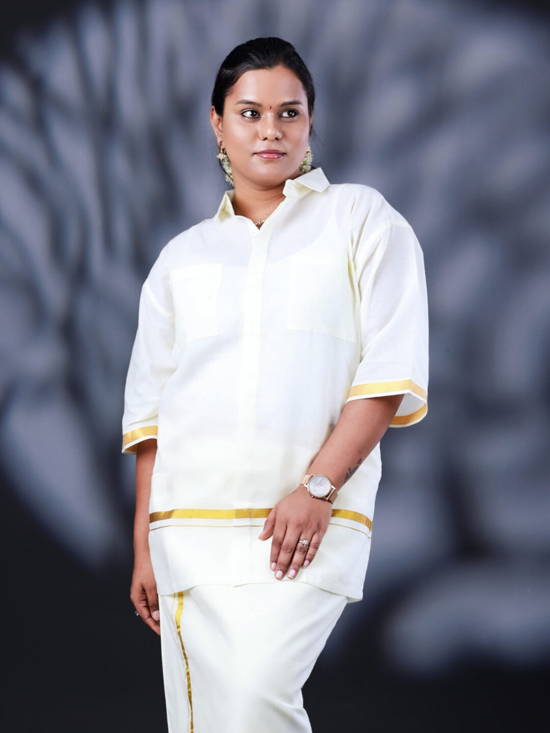 Freedom Shirt (cream with golden Jari border) by Purushu Arie